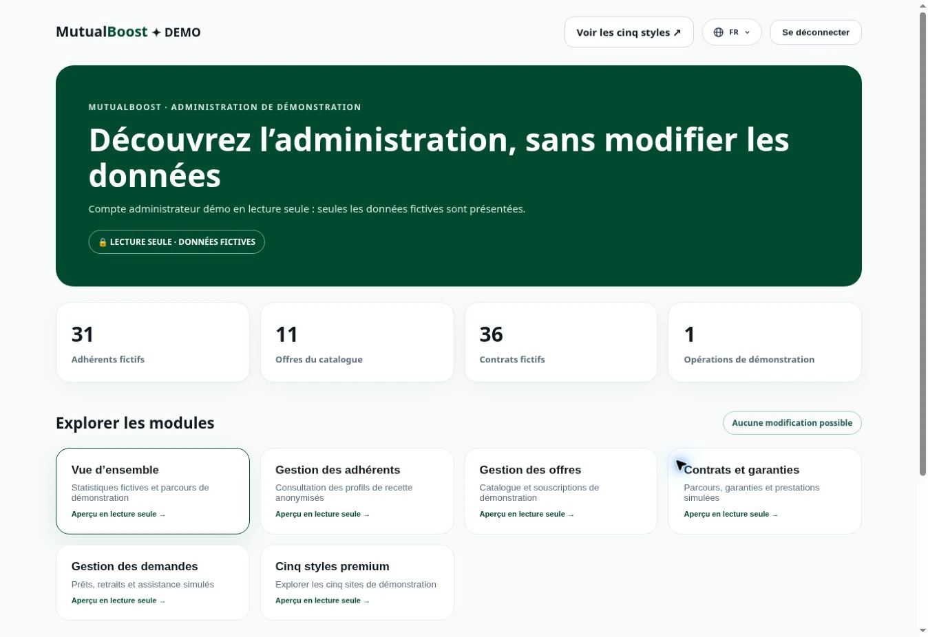 Real screenshot of the demo administration. Web interface captured in French · demo data