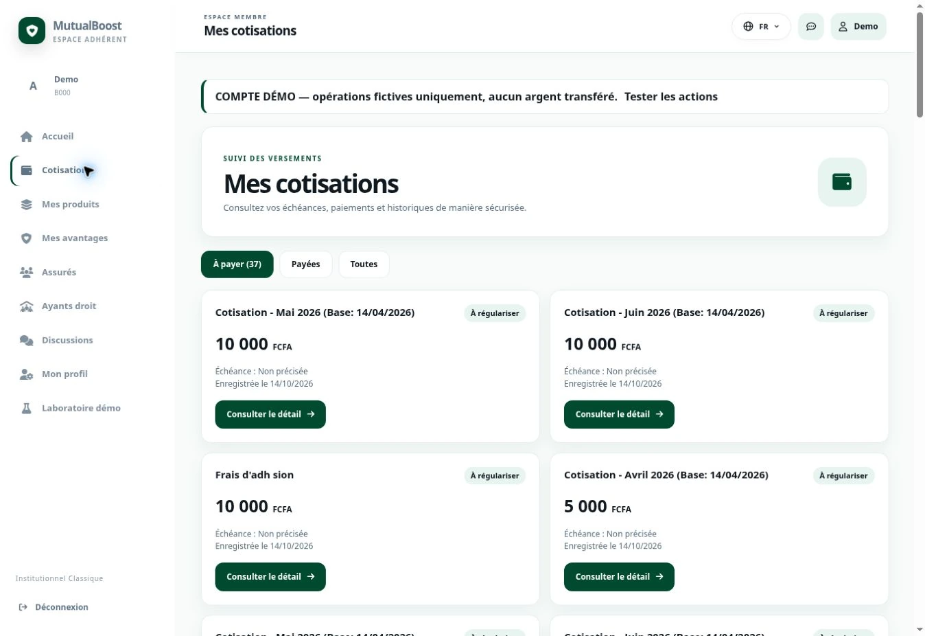 Real screenshot of demo account contributions. Web interface captured in French · demo data