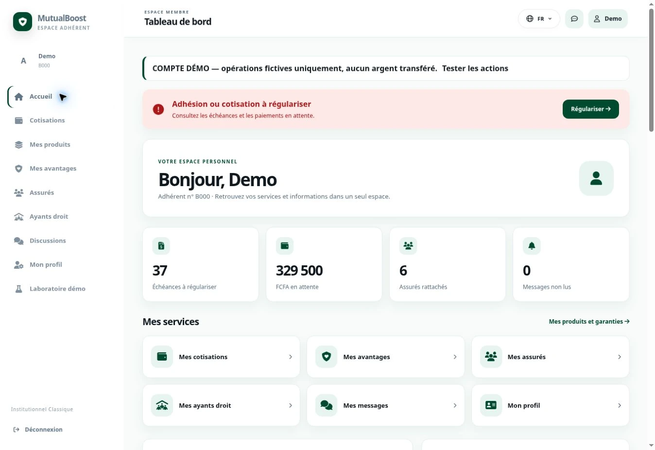 Real screenshot of the demo member area. Web interface captured in French · demo data