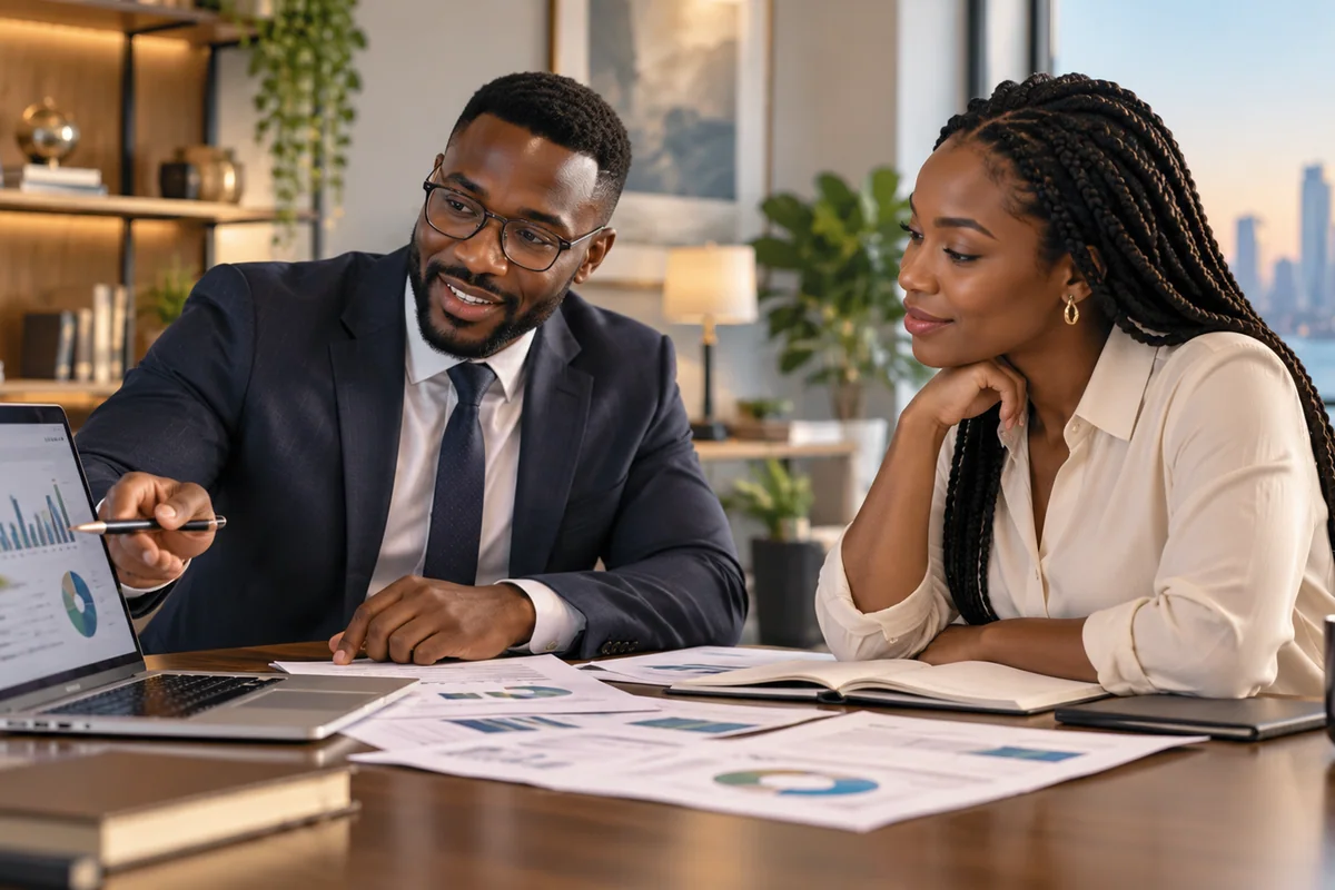 A consultant explains benefits during a personal meeting.